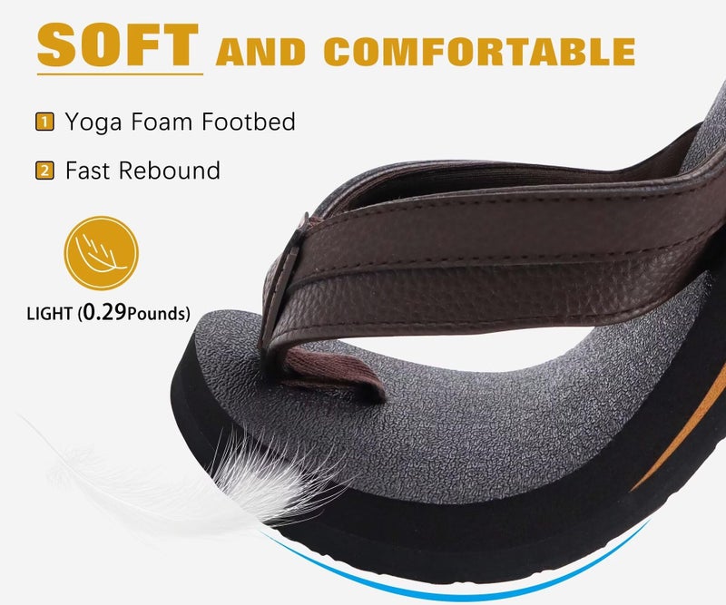 KuaiLu Men's Leather Flip Flops Arch Support Summer Beach Pool Water Thong Sandals Waterproof Rubber Walking Shoes Slip on Orthotic Casual Sport Cushioned Wide Slides Shower Slippers Brown Size 11 - Image 3